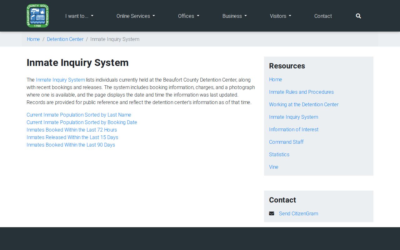 Beaufort County residents directory detention center inquiry reference