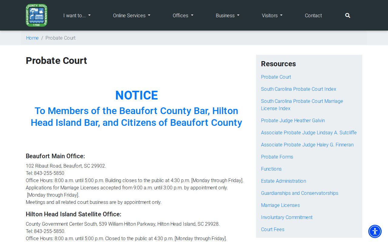 Beaufort County previous residents Probate Court information