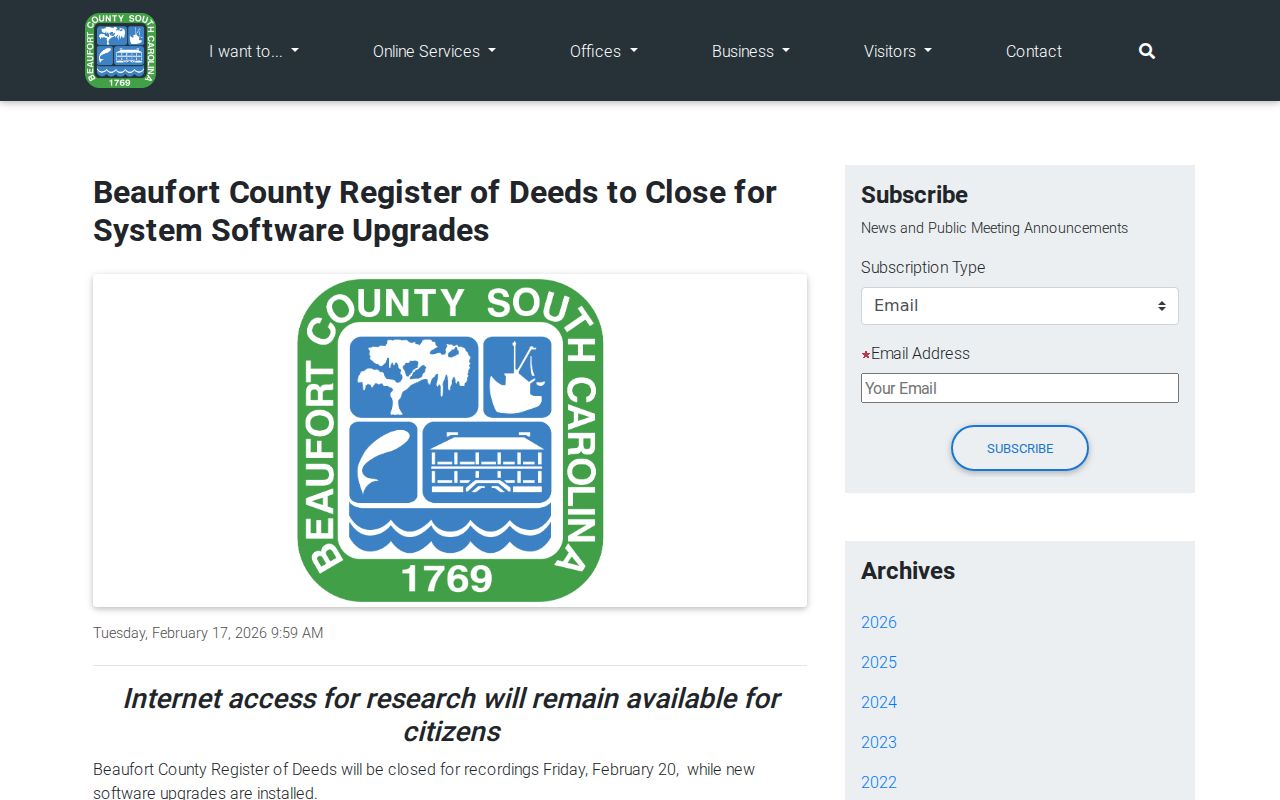 Beaufort County previous residents Register of Deeds system upgrade notice