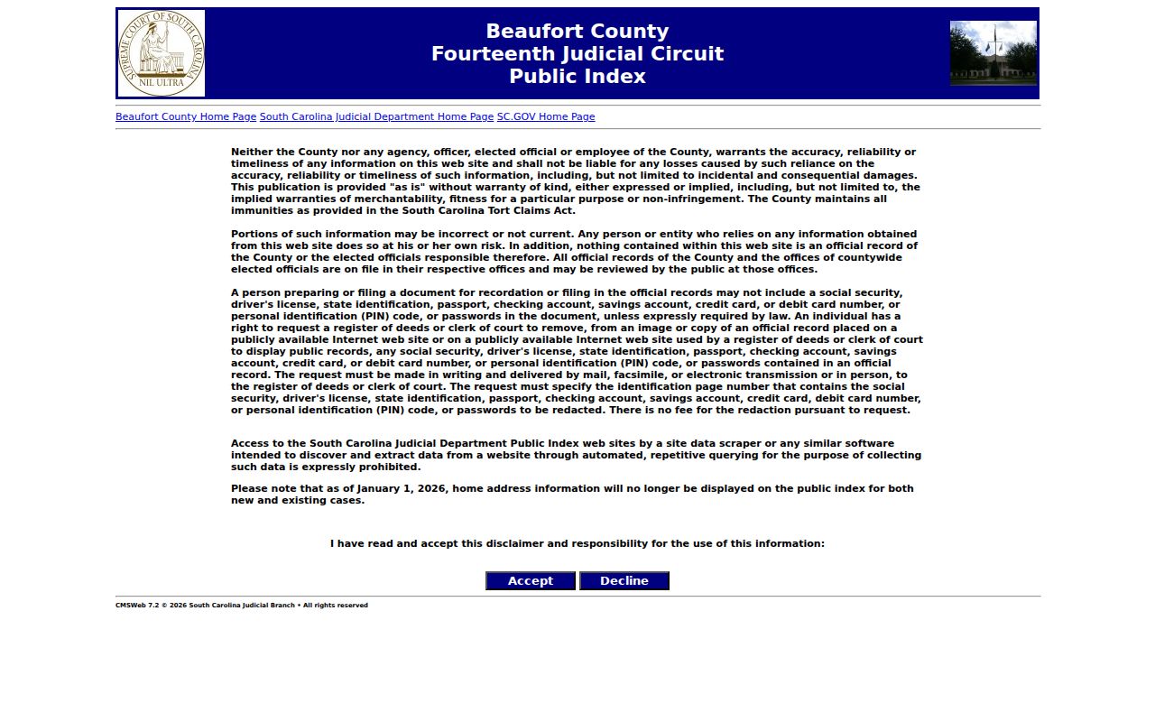 Beaufort County resident lookup through the Trial Court Public Index