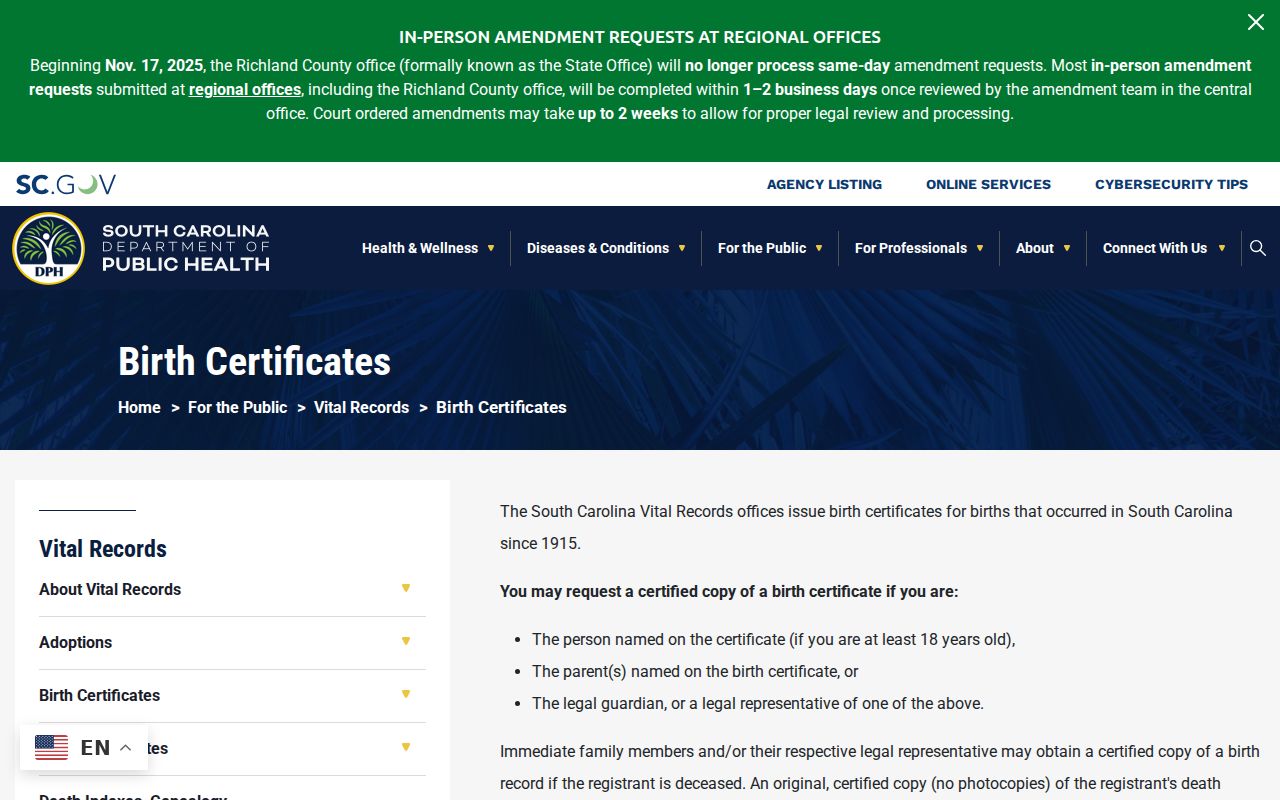 Beaufort County resident lookup vital-records request through South Carolina DPH
