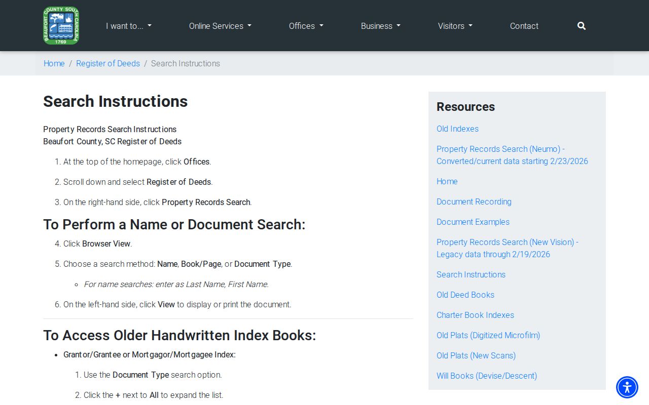 Beaufort County street directory Register of Deeds search instructions